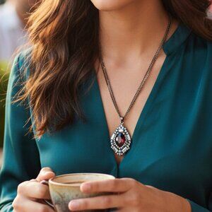 Amrita Singh Ruby red Austrian crystal pendant on Gunmetal Chain EUC necklace